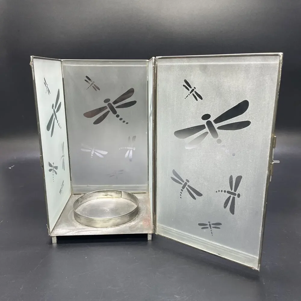 HTF Dragonfly Lantern Frosted Glass With Metal Edges Etched Design Candle Holder